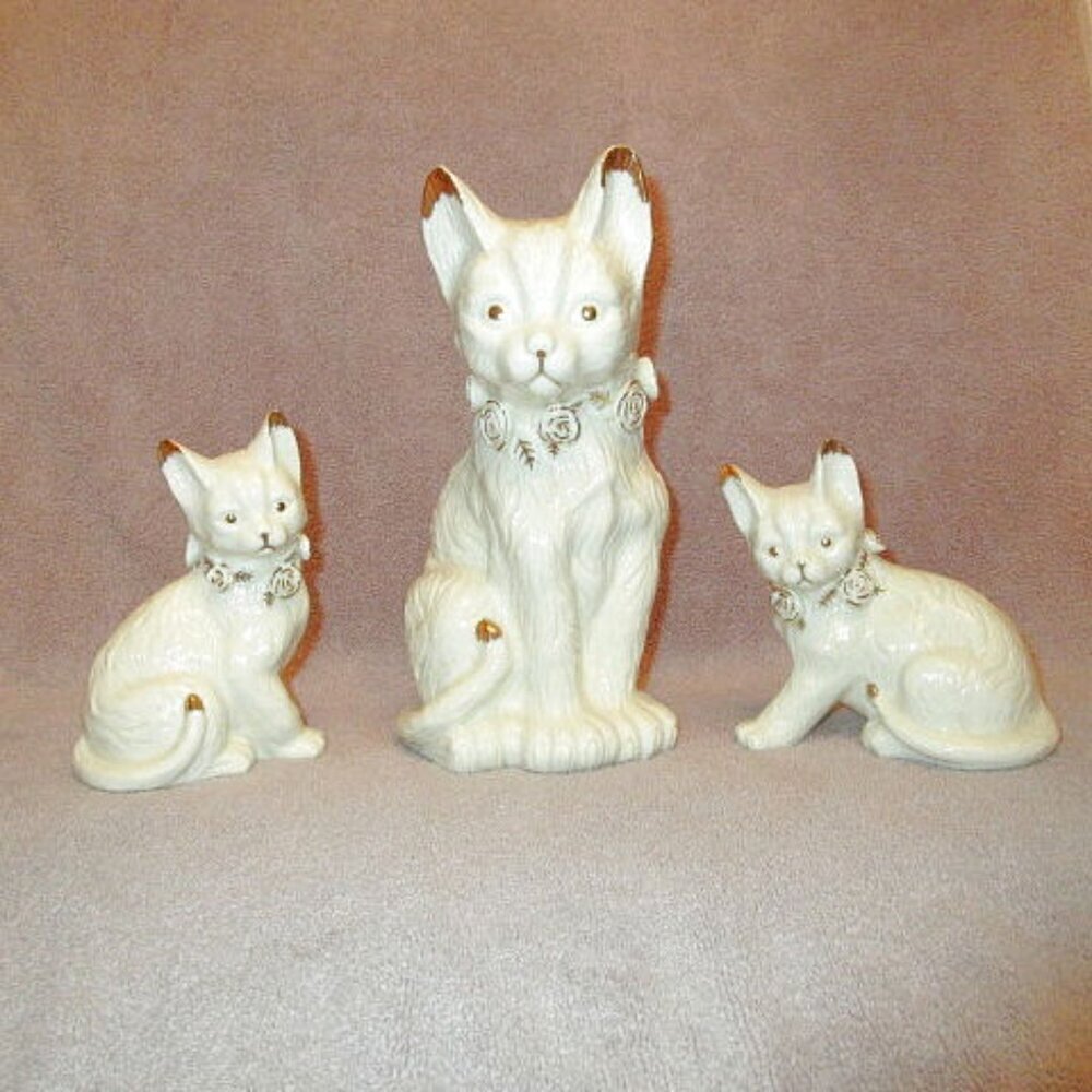 Vtg Elegant Porcelain Cat Sculpture 10” With Kittens 24K Trim Set Of 3 Baum EUC